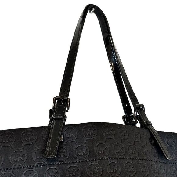 Michael Kors Signature Logo Embossed Neoprene Tote Shoulder Bag Black Large - Picture 2 of 9